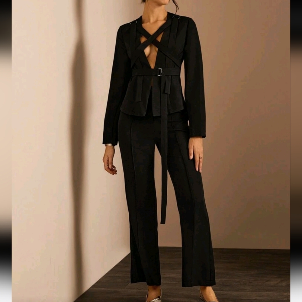 Women Solid Color Long Sleeve Top And Long Pants Suit, Two Pieces Set - Picture 2 of 4